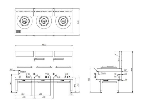 B+S K series Three Hole Waterless Wok Table UFWWK-3 - Image 2