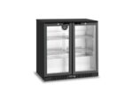 Bar fridge with 2 Hinged glass doors and black exterior that fits under bench, Atosa BB-208HEC, mini bar fridge