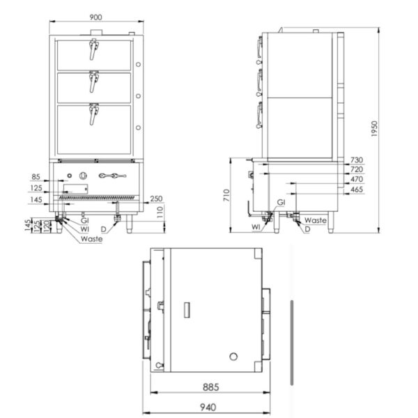 BS K+ Triple Deck Gas Steamer 900mm - DSK-3 - Image 2