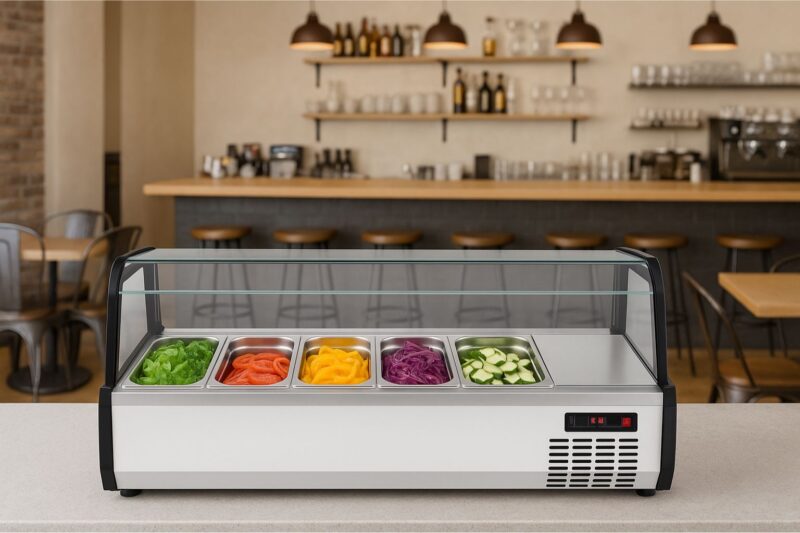 benchtop salad bar fridge with 5 GN pans on the cafe's counter