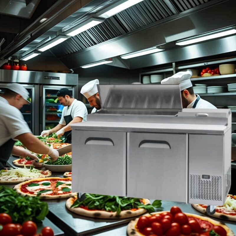 pizza prep fridge with 2 doors in the kitchen