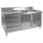 1800mm Stainless Steel Kitchen Cabinet with Double Right Sinks, 2 Doors and 3 Drawers