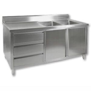1800mm Stainless Steel Kitchen Cabinet with Double Right Sinks, 2 Doors and 3 Drawers