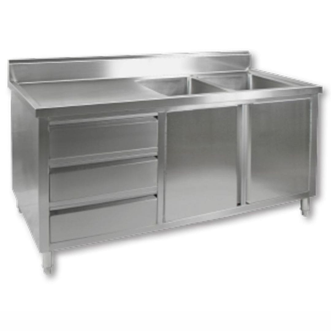 1800mm Stainless Steel Kitchen Cabinet with Double Right Sinks, 2 Doors and 3 Drawers