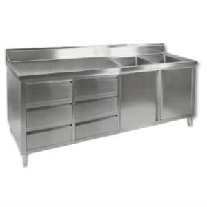 2100mm Stainless Steel Cabinet with Double Right Sinks, 2 Doors and 6 Drawers DSC-2100R-H
