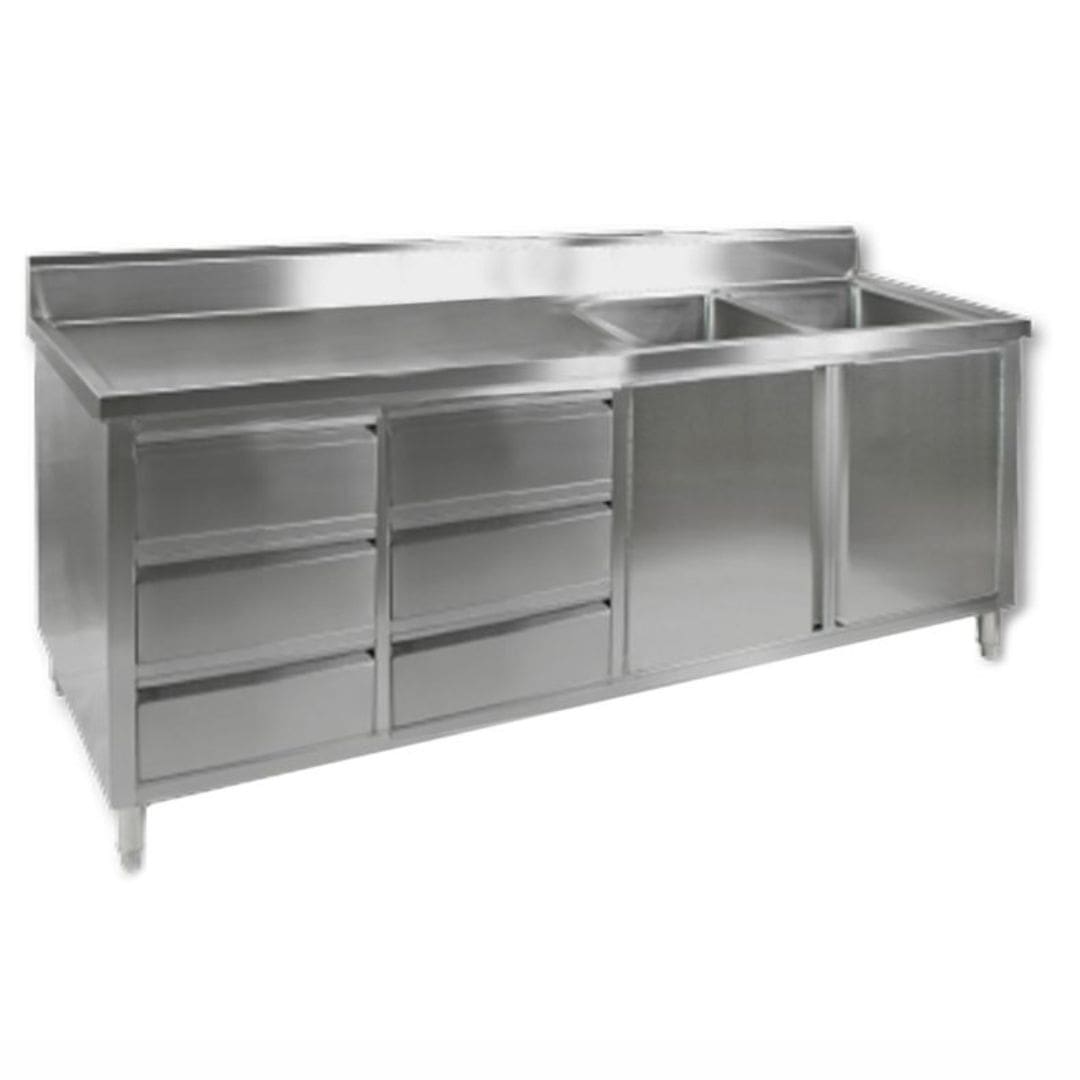2100mm Stainless Steel Cabinet with Double Right Sinks, 2 Doors and 6 Drawers DSC-2100R-H