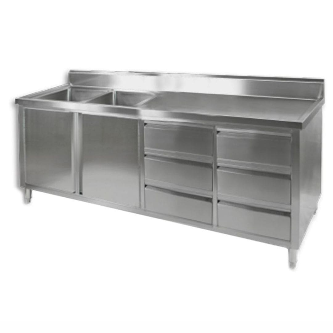 2400mm Stainless Steel Cabinet with Double Left Sinks, 2 Doors and 6 Drawers DSC-2400L-H
