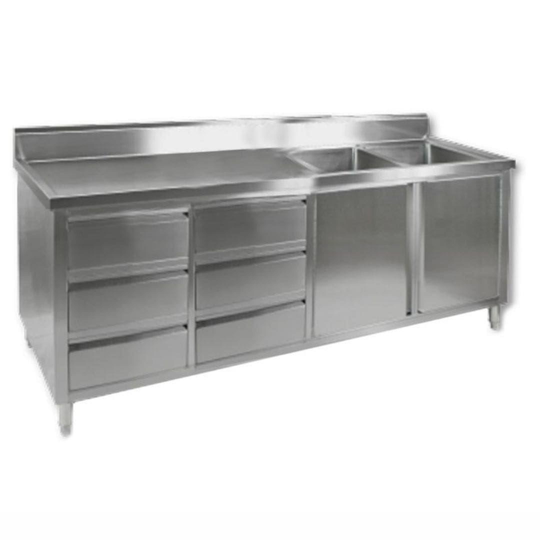 2400mm Stainless Kitchen Cabinet with Double Right Sinks, 2 Doors and 6 Drawers DSC-2400R-H