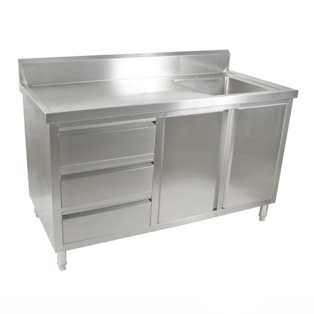 1500mm Stainless Steel Kitchen Cabinet with Single right Sink - 2 Doors 3 Drawers