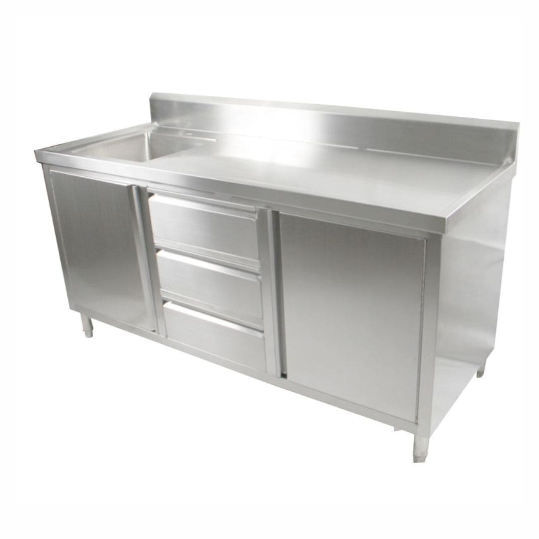 2100mm Stainless Steel Kitchen Cabinet with Single Sink - 2 Doors 3 Drawers