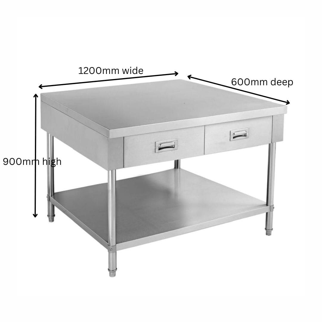 1200mm Stainless Steel Work Bench with 2 Drawers and Undershelf 600mm Deep
