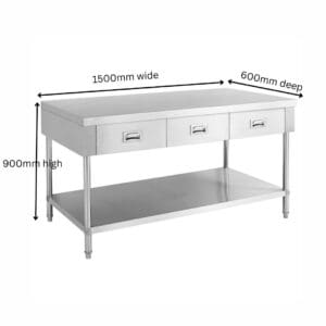 1500mm Stainless Steel Work Bench with 3 Drawers and Undershelf 600mm Deep