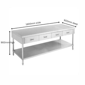 1800mm Stainless Steel Work Bench with 4 Drawers and Undershelf 600mm Deep