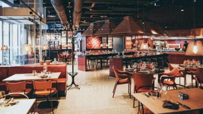 a restaurant with commercial kitchen equipment set up