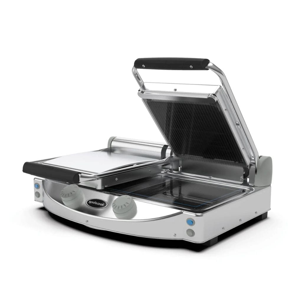 Spidocook SPE-SP020PR Glass Ceramic Double Contact Grill | Black Ripped Top Flat Bottom