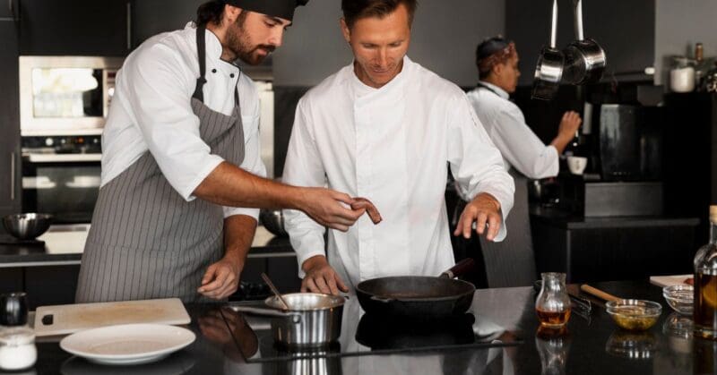 chefs cooking using induction cooktop