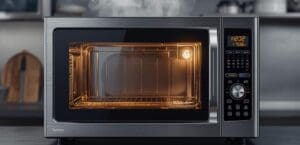 commercial microwave oven in use in a kitchen