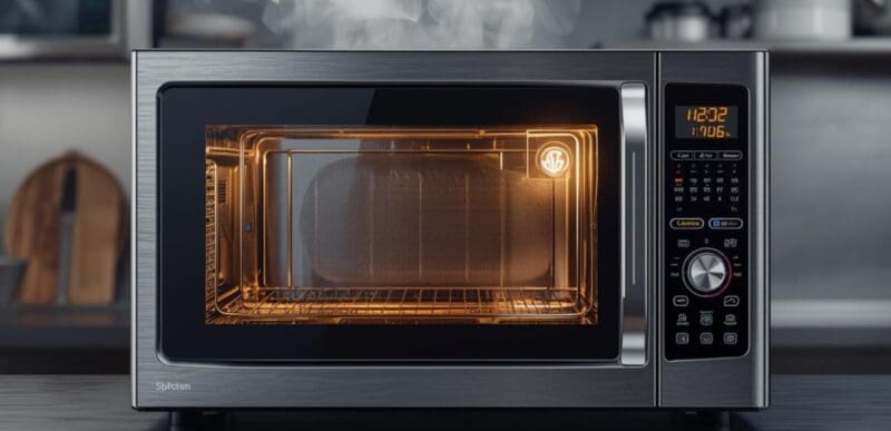 commercial microwave oven in use in a kitchen