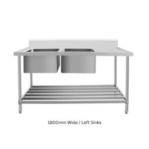 1800mm Stainless Steel Bench with left Double Sinks 600mm Deep