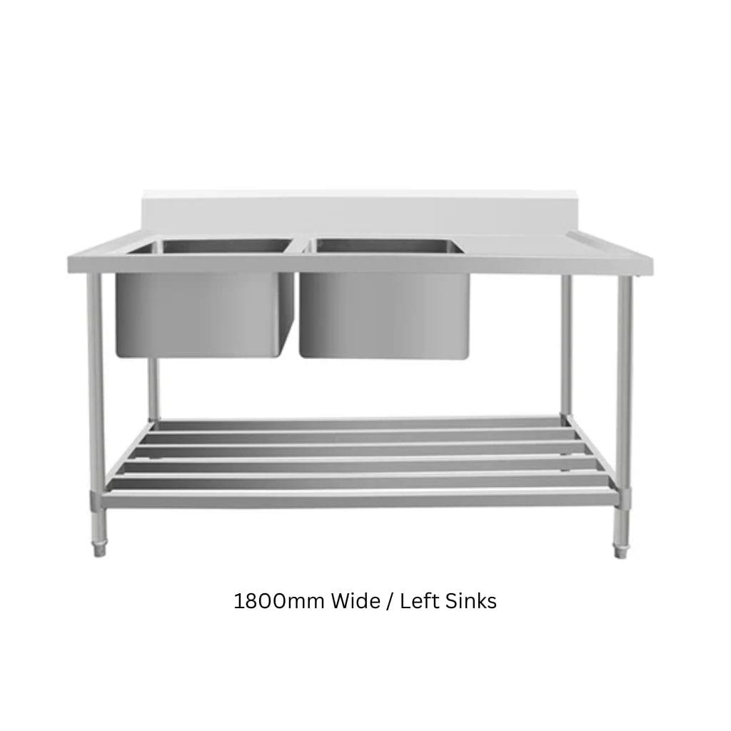 1800mm Stainless Steel Bench with left Double Sinks 600mm Deep