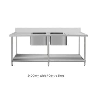 2400mm Stainless Steel Bench with Double Sinks 600mm Deep