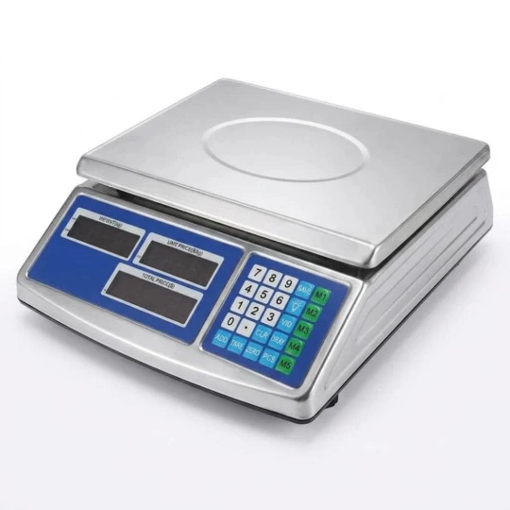 KN digital food scale with 30kg capacity, dual-sided LCD display and stainless steel weighing platform