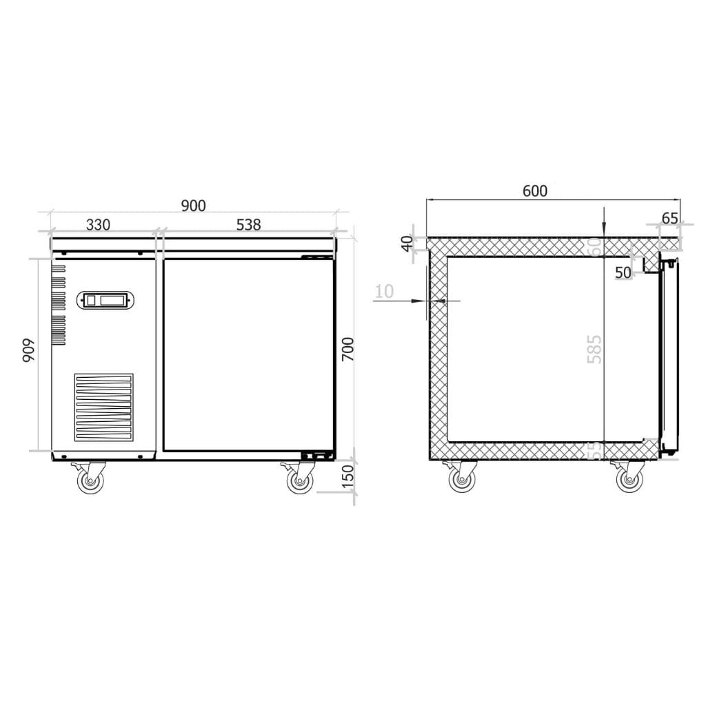 600mm deep single door under bench freezer