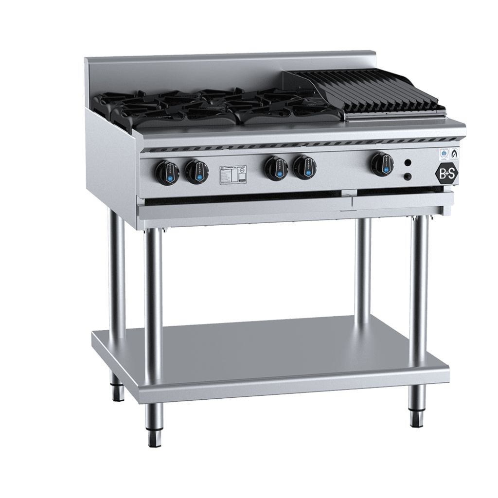 B+S BT-SB4-CBR3 4 Open Burners & 300mm Char Broiler on Stand