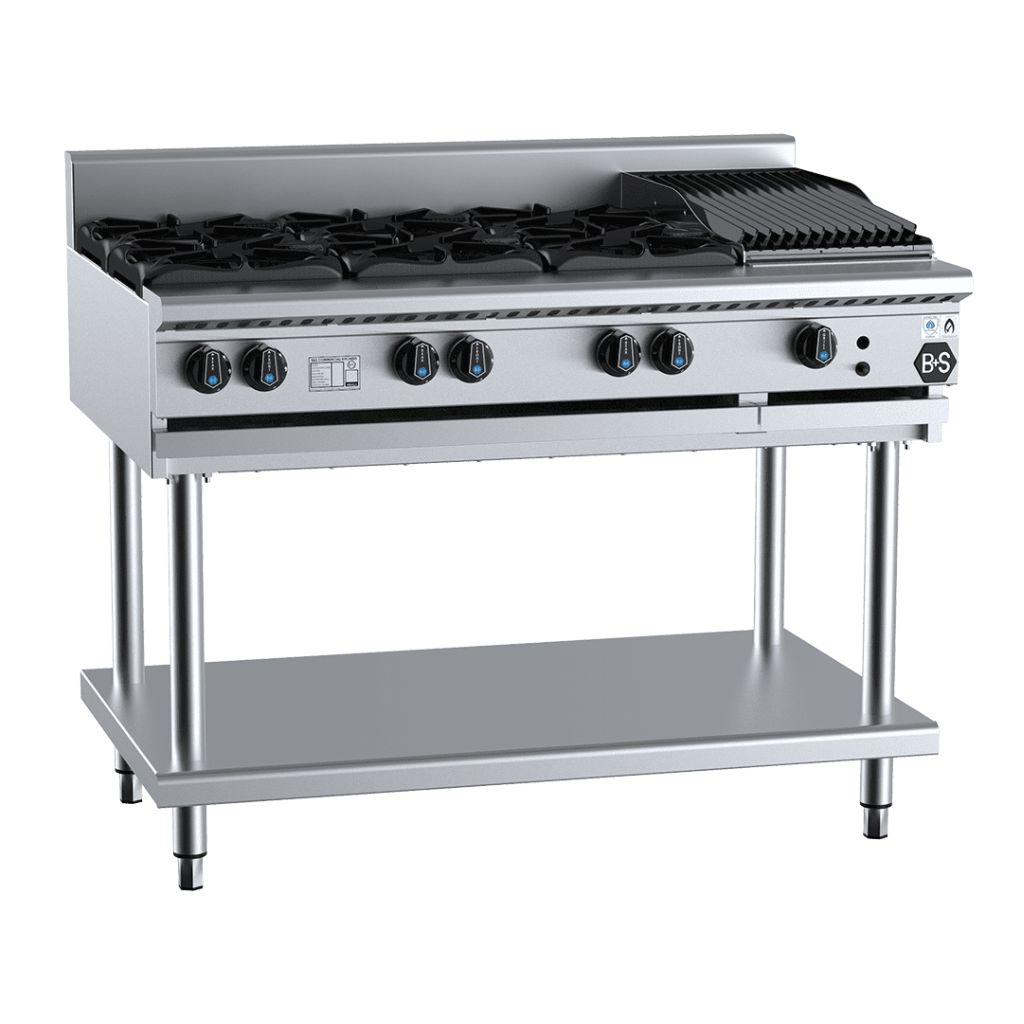 B+S BT-SB6-CBR3 6 Open Burners & 300mm Char Broiler on Stand