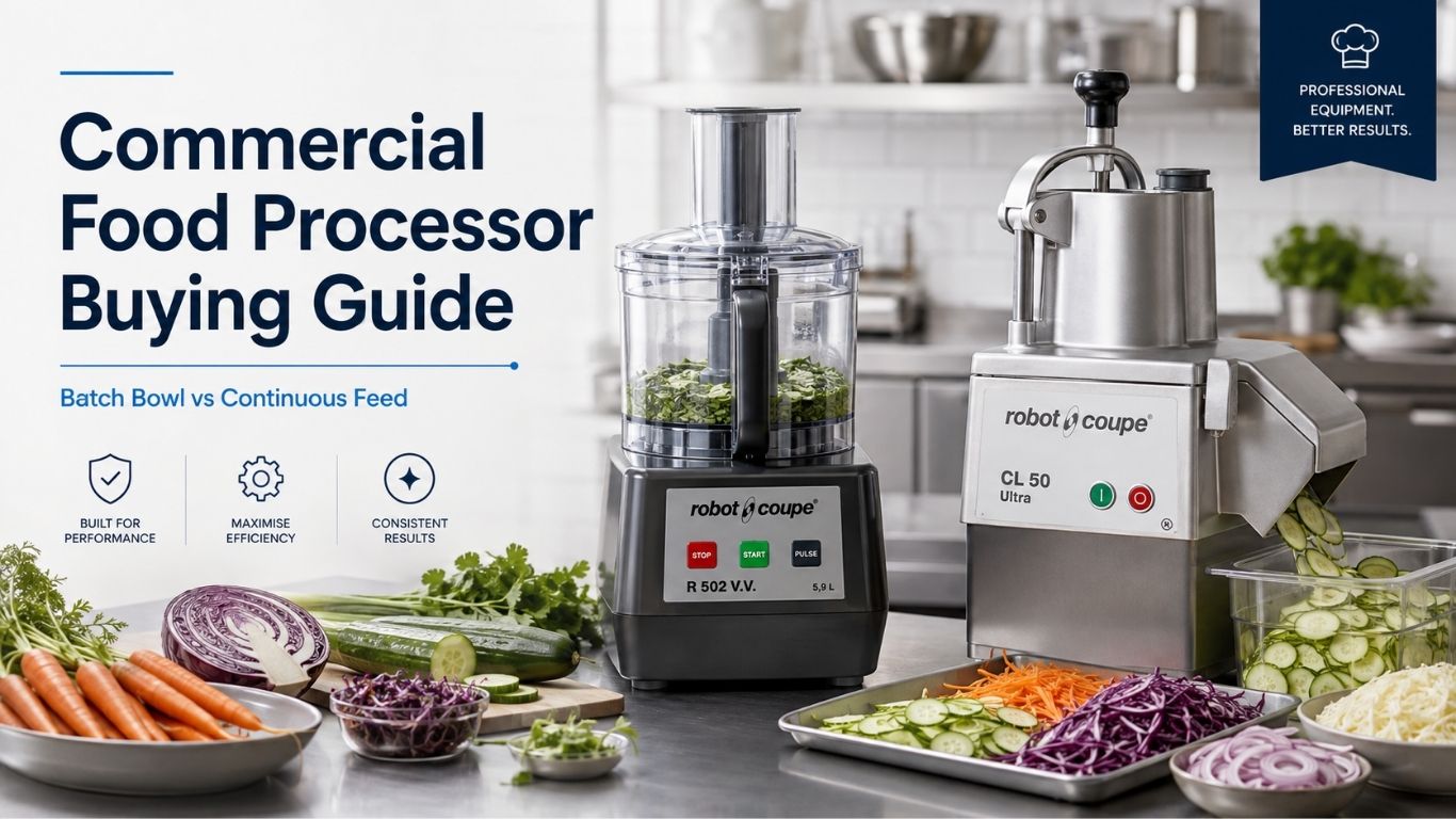 commercial food processors on the bench with a variety of vegetable