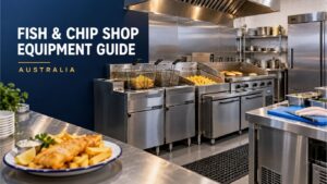 Commercial fish and chip shop equipment setup with fryers, refrigeration and stainless-steel preparation benches